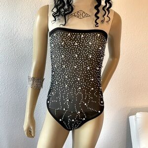 KIKIRIKI SZ M BLACK SEQUINED  BEADED SHEER TUBE BODYSUIT